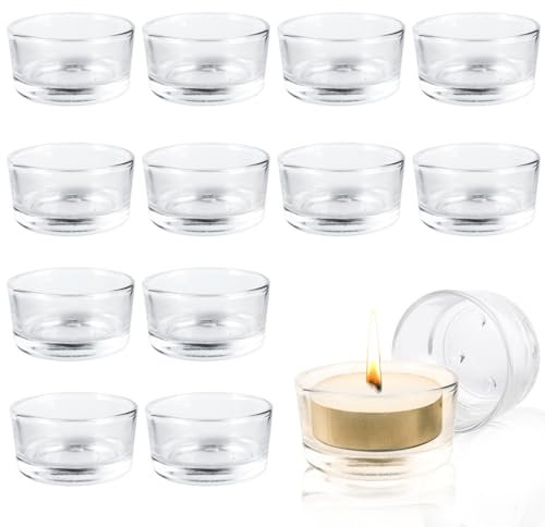 Fizdoqg Lot de 12 Photophores Ronds en Verre Transparent - Bougeoirs Verre Porte-Bougies pour la Décoration, Mariages, Fêtes et Décors de Table, Bougeoirs Votifs