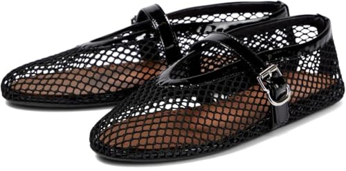 Ballerines tendance en maille pour femme avec bout rond et boucle Mary Jane, Noir , 38 EU