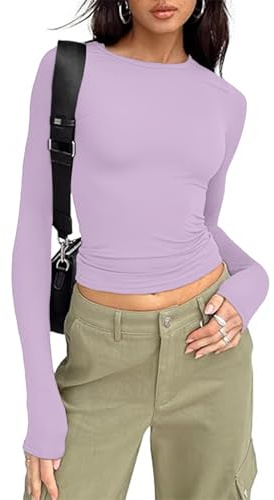 OOHOKAY T-shirt basique à manches longues pour femme Y2K Coupe ajustée T-shirt classique à manches longues Crop Tops, M