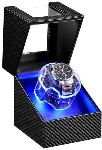 ANWBROAD Enrollador de reloj para relojes automáticos, cargador de reloj individual con copa de cristal LED de próxima generación y motor súper silencioso, caja giratoria con motor ultra silencioso