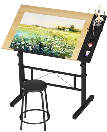 Dripex Table à Dessin Inclinable Bureau à Dessin Réglable avec Tabouret Table de Travail Relevable 0°-60° pour Dessinateur Architecte Peintre Ingénieur, Moderne, Couleur Bois