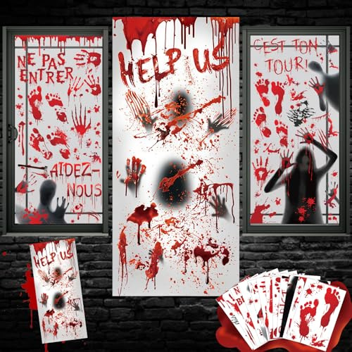 DPKOW Français Horreur Halloween Stickers Fenêtre Autocollants Vitre Halloween Décoration Zombie Sanglante Empreinte Autocollants pour Extérieur Fenêtre Porte Effrayante Déco Pied Main Empreinte Sang
