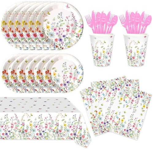 141pcs Spring Wildflower Party Decorations include Wildflower Plates Napkins Forks Knives Straws Tablecloth Cups for Floral Baby Shower Birthday Decorations,Suitable for 20 Guests