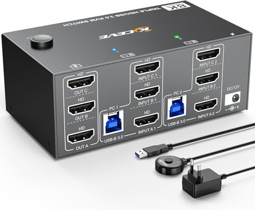 YOUTINGHDAV USB 3.0 KVM-switch 2 PC 3-bildskärmar HDMI 8K@60Hz 4K@144 Hz, trippelskärm, KVM-switch HDMI 2.1 delar, mustangentbord, med Wired Remote