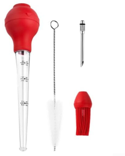 Silicone Turkey Baster with Rubber Bulb and Brush Set, 7.9 x 2 x 2 in Cooking Tool for Basting Meat, Poultry, Pastry and Roasting Juices