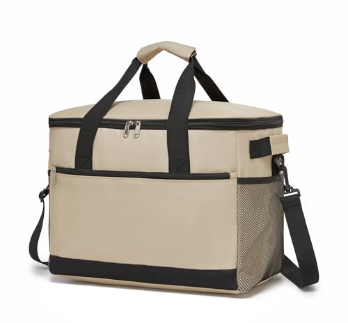 Kono Cool Bag Collapsible Soft Cool Box Insulated Large Lunch Bag | Leakproof Cooler Bag with Shoulder Strap and Carrying Straps, Ideal for Camping Picnic Beach Travel BBQ Family, 30 L, Khaki