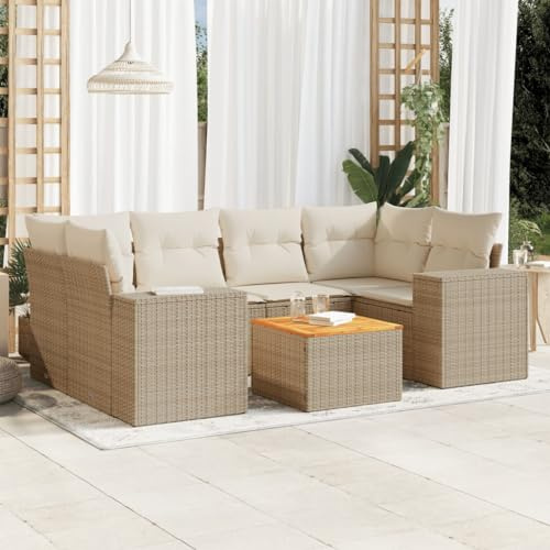 sephironlbb Salon de Jardin 7 pièces Beige en résine tressée avec Coussins, Ensemble modulable pour terrasse et extérieur, Table en Bois d'acacia, Banquette Angle