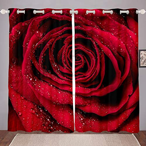 Floral Windows Drapes 3D Red Rose Curtains for Bedroom Living Room for Kids Women Girls Romantic Love Curtains Luxury Room Decoration,W46*L72