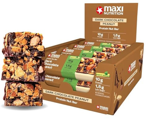MaxiNutrition Protein Nut Bar - High Fibre Snack - Low in Sugar - 10g Protein - Dark Chocolate Peanut, Under 230 kcal per Serving, 12 x 46g