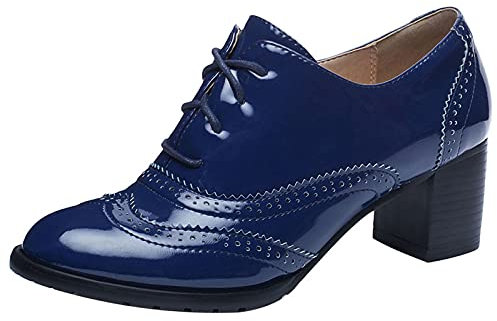 Lizoleor Francesine Donna Tacco Largo Medio Chiuse Decollete Stringate Oxford Vestito Ufficio retrò Classiche Vernice Work Cerimonia Scarpe Blu Numero 39 EU/40CN