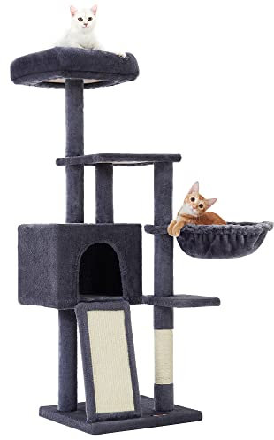 Feandrea Kratzbaum, 135 cm Kleiner Katzenbaum, mehrstöckiger Plüsch-Katzekratzbaum mit waschbarer, Abnehmbarer Sitzstange, Kratzstamm, Korb, Höhle, dunkelgrau