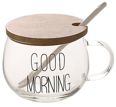 TREEWOO Buenos días Taza transparente con letras café, postres, leche, té, yogur, taza redonda de cristal con asa con tapa de bambú, cuchara de cerámica de tulipanes, taza de la mañana
