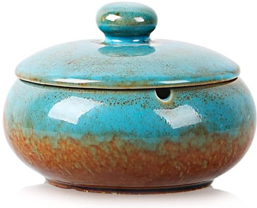 Posacenere in Ceramica con Coperchio - Posacenere da Esterno Blu - Posacenere Portatile per Ufficio, Giardino, Hotel o Casa - Coperchio Anti-odori - Colore: Blu Marino