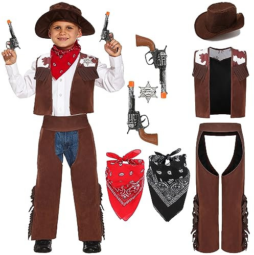 Velmawig Cowboy Kostüm Kinder Deluxe Zubehör Set Western Cowboy Polizei Cosplay Karneval Kostüm mit Sombrero Cowboyhut Weste Halstuch Bandana für Jungen Mädchen Geburtstagsparty Dress Up VL006M