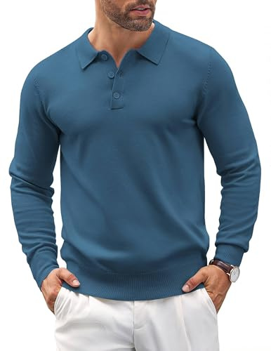 COOFANDY Maglione da Uomo A Maniche Lunghe Polo Business Pullover Maglione Lavorato Felpa vestibilità Regolare Caldo Regular Fit Blu Denim L