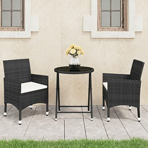 LAPOOH 3-TLG. Bistro-set, trädgårdsset bord och stolar, balkongmöbler för liten balkong, utemöbler, balkongset, möbelset, trädgårdsmöbler, poly rotting och härdat glas svart
