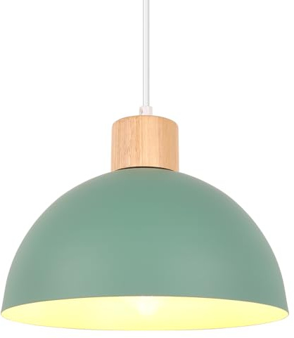 iDEGU 25cm Hängelampe Retro E27 LED Hängeleuchte Moderne Skandinavisch Deckenleuchte aus Metall Holz Pendelleuchte für Schlafzimmer Esszimmer Küche Restaurant (Grün, 1 Stück)