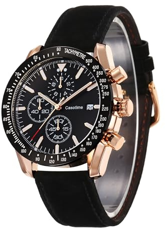Casotime Orologio Cronografo Uomo in Pelle - Impermeabile 30M, Quarzo Analogico con Data, Quadrante Grande - Classico ed Elegante per Tutti i Giorni, Lavoro & Sport - Regalo Elegante per Uomini