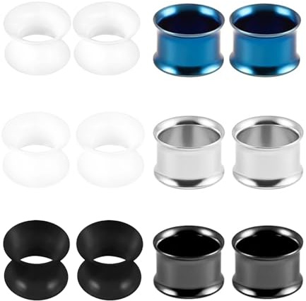 JENCVNL 6 Pair Ear Tunnel Plugs Set, Stainless Steel Ear Tunnels Flexible Silicone Plugs Expander Double Flared Tunnel Ear Stretcher Piercing Jewellery Unisex, Gauges 3-20mm