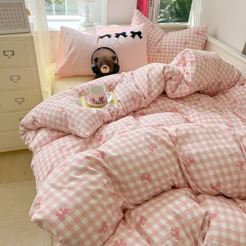 Covebett Ropa de cama de 140 x 200 cm, diseño a cuadros, color rosa y blanco con lazos, funda nórdica para niñas de 2 piezas, diseño estético moderno a cuadros, suave microfibra, funda nórdica con