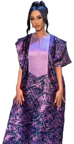 HD African Bubu Dress for Woman Purple Embroidery Pattern Maxi Gown with Headwrap