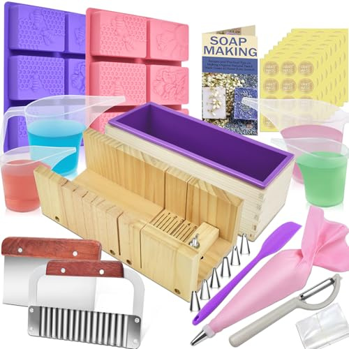 Artcome Kit completo per la produzione di sapone fai da te, con stampo in silicone per pagnotta da 1200 ml, utensili da taglio in legno, stampi a nido d'ape, misurini e altro ancora, per realizzare
