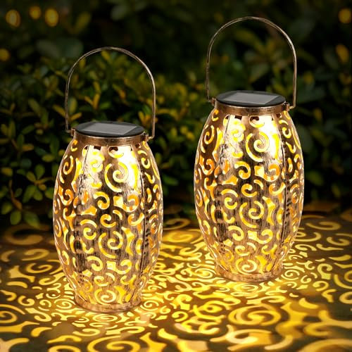 GuKKK Solarlaterne für außen,2 Stück Solarlaterne für Außen Hängend ,IP65 Wasserdicht,Laternen für Draußen Metall Solarleuchten für Garten Gehweg Patio Terrasse Veranda Rasen Hof Weihnachten (01)