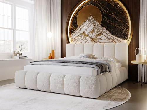 GRAINGOLD Lit Cloud 160x200, Rembourré avec Coffre de Rangement, Lit Double, Tissu en Bouclé, avec Sommier à Lattes, avec Tête de Lit, sans Matelas (Beige, 160x200)