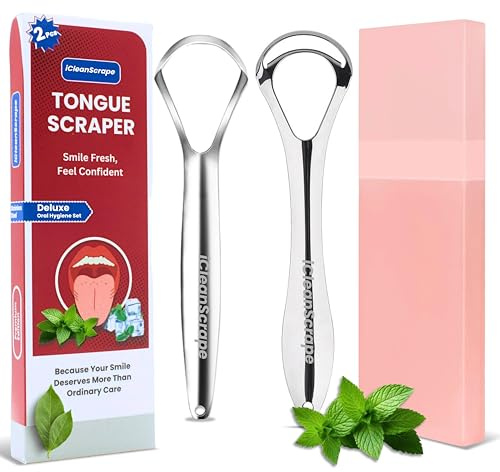 Tongue Scraper for Adults – 2 Pack Stainless Steel Ultra Quality Heavy Duty Metal Tongue Cleaner with Travel Case, Ergonomic Tongue Scrubber for Fresh Breath & Daily Oral Hygiene (Medium)