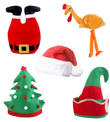 5PCS Novelty Christmas Party Hats for Adults- Funny Santa Leg, Turkey, Elf, Tree and Classic Santa Hat, Silly Christmas Hats, New Year Party Hats, Perfect Christmas Headwear as Christmas Photo Props