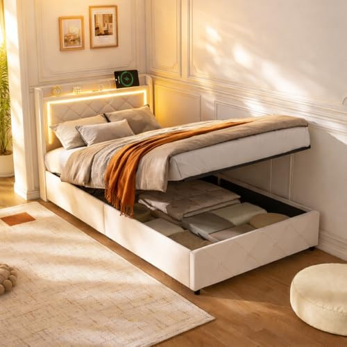 Letto imbottito 90x200 cm, Letto singolo con contenitore 90x200, testiera LED con funzione di ricarica USB, letto matrimoniale con rete a doghe, Struttura letto con per Ragazzi,Senza Materasso