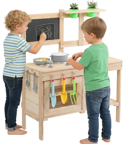 LEADZM Cuisine en Bois Enfant Extérieure avec Évier, Pots de Fleurs, Jeux en Plein Air Cuisine avec Robinet, Cuisinière et Tableau Noir, Adaptée aux Enfants de 6 Ans et Plus, Bois Naturel