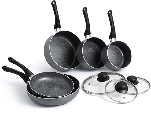 VonShef Pots and Pans Set, 8 Piece Induction Safe, Non-Stick Saucepan and Frying Pan Set, Easy Clean Granite Design Pots and Pans Set with Glass Lids, PFAS, PTFE, PFOA, Lead & Cadmium Free