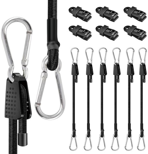 Bungee Cords with Carabiner Clips, 6 Pcs 100 cm Adjustable Bungee Cords | Black Heavy Duty Bungee Straps, with 6 Tarpaulin Clips for Trunks, Camping Gear, Tarps, Trailers, DIY, Garden