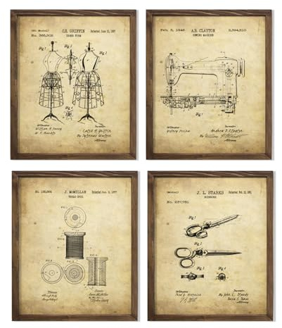 Vintage Sewing Patent Illustration Art Print Set Featuring Sewing Machine Dressform Mannequin Seam Ripper for Sewing Room Wall Decor, Craft Studio Tailor Workshop Home Office Seamstress Tribute, Dorm Essential Stitch Gallery, Living Area Fashion Nook, Entryway Welcome Highlight, Kitchen Gathering Quirky Touch, Young Seamstress Surprises, Tailor Crafter Birthday Gifts - 8x10 Unframed Print Set
