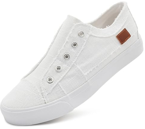 Women's Slip on Shoes Non Slip Fashion Canvas Sneakers Low Top Casual Shoes(White,US8)