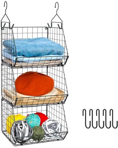 X-cosrack Faltbarer Schrank-Organizer, 3 Etagen, Kleiderregale mit 5 S-Haken, Wandhalterung und Schrank-Aufbewahrungskorb, für Kleidung, Pullover, Schuhe, Handtaschen, Clutch-Zubehör,