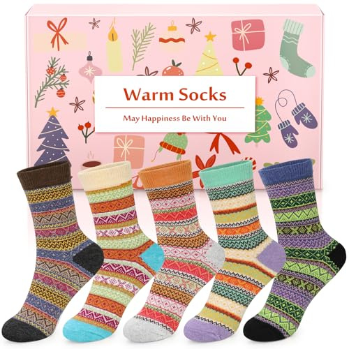 Airabc 5 Paar Thermosocken Damen, Wollsocken, Warme Wintersocken Damen, Dicke Stricksocken, Winter Damen Socken Bunte Gemütlich und Atmungsaktiv/EU-Größe 35-42