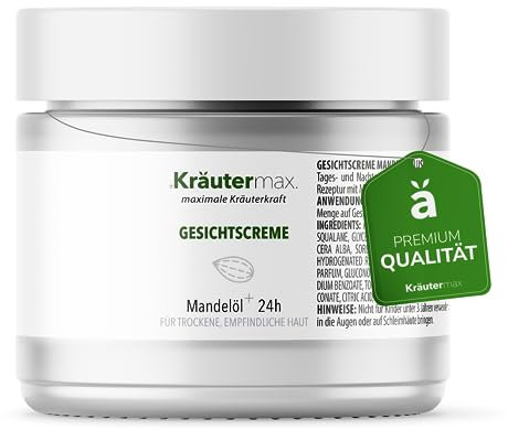 NEU! Kräutermax Mandelöl Gesichtscreme | Naturkosmetik Gesichtspflege für trockene & empfindliche Haut | Mit Ringelblumenextrakt | Ohne Parabene & Silikone | Für Damen & Herren | 1 x 50 ml