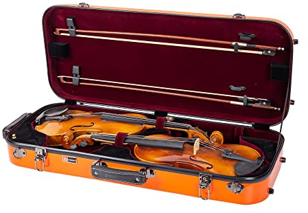 Crossrock Fiberglass Double Violin Case for Two 4/4 Size | Gloss Orange Finish, TSA Lock, Red Velvet Interior – Bright & Reliable Dual Violin Travel Case -Orange (CRF2020DVOR)
