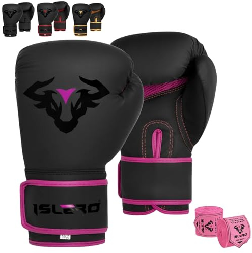 Islero EVO Fitness Matte Black Boxing Gloves Men Punch Bag Women Pink MMA Muay Thai Martial Arts Kick Boxing Sparring Training Fighting Gloves With Hand Wraps (14 OZ, Pink)