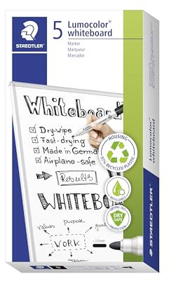 STAEDTLER Whiteboard Marker Lumocolor, trocken und rückstandsfrei abwischbar, Linienbreite 2 mm, schnelltrocknend, nachfüllbar, lange Lebensdauer, 5 schwarze Marker, 351-9X
