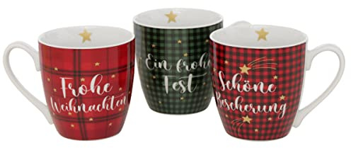 Lot de 3 tasses à café Jumbo 480 ml en porcelaine Passe au lave-vaisselle N704 à carreaux vert rouge joyeux Noël beau coffret cadeau joyeux fête de Noël à carreaux tasses à vin chaud