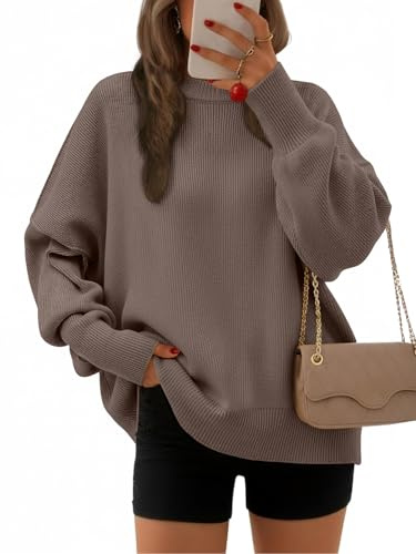 EFAN Women's Oversized Sweaters 2026 Fall Trendy Crewneck Batwing Sleeve Chunky Knit Long Pullover Cute Tunic Tops Dress Winter Clothes Cashmere Fashion Outfits Ladies Clothing Nutmeg XL