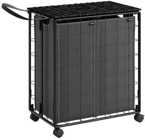 SONGMICS Wäschekorb 2 Fächer, 110 L, faltbarer Wäschesammler mit Rollen, Wäschebox, Wäschewagen mit Deckel, Wäschesack herausnehmbar, 57 x 33 x 65 cm, tintenschwarz-schiefergrau LCB211B11