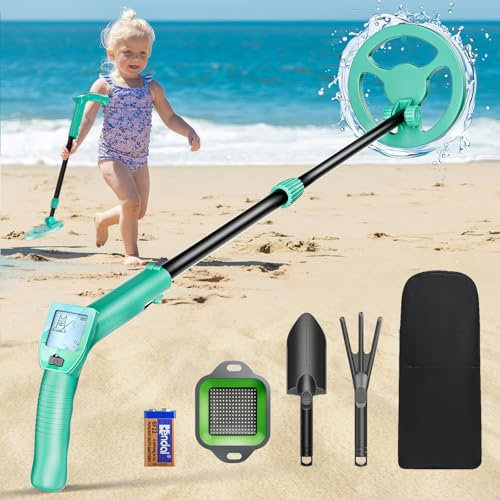 Couleeur Detector de Metales Niños,Alta Precisión Portátil Detector Metales niños,Altura Ajustable 66-83 cm,con Bobina de Búsqueda Impermeable,Pantalla LED, Pala, Bolsa de Almacenamiento.