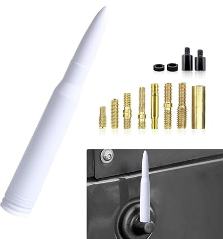 Crynod 1 PC Car Signal Receiving Antenna, 0.8 x 5.4 Personalized Bullet Design Radio Antenna, Integrated Threaded Mounting Accessories, Compatible with Ford F150 Wrangler Jeep Chevrolet (White)