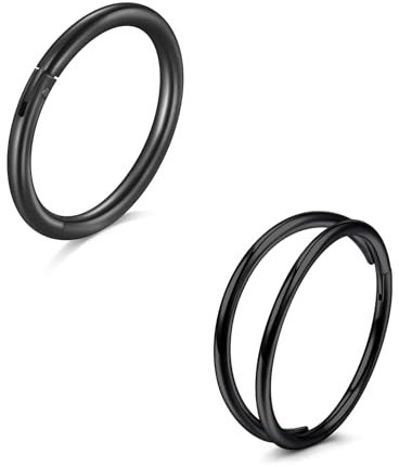 LAURITAMI 2 Stück Nasenpiercing Ring Chirurgenstahl 20G Dünn Doppelter Nasenpiercing Ring Schwarz, Septum Clicker Ring, 8mm Helix Conch Knorpel Tragus Nasenpiercing Schmuck