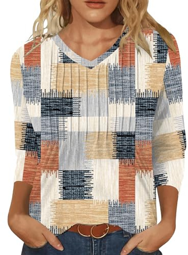 IEEILULU Blusas Mujer Verano, Camisa Mujer Manga 3/4 Cuello en V, Blusas Madam Verano Elegantes, Elegante Tops Casual Sueltas de Oficina (FR/ES, Letras, L, Regular, Regular, Color)
