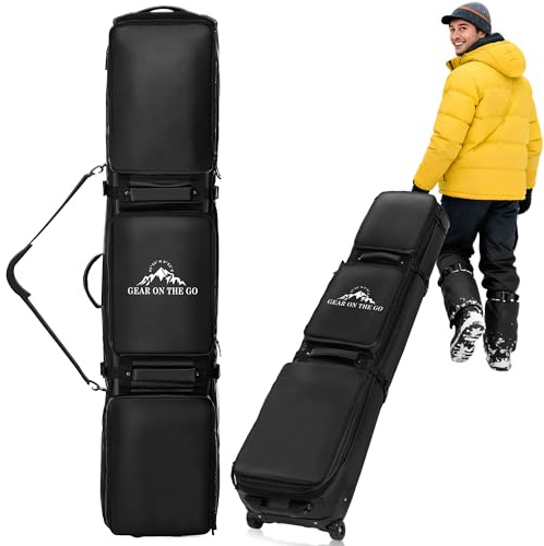 PolarcoForgeco Rolling Ski Bag for Air Travel, Flodable Waterproof Snowboard Bag with Wheels, Wheeled Padded Ski Boot Bags, Fits Single Ski or 2 Pairs Skis Up to 175-185cm